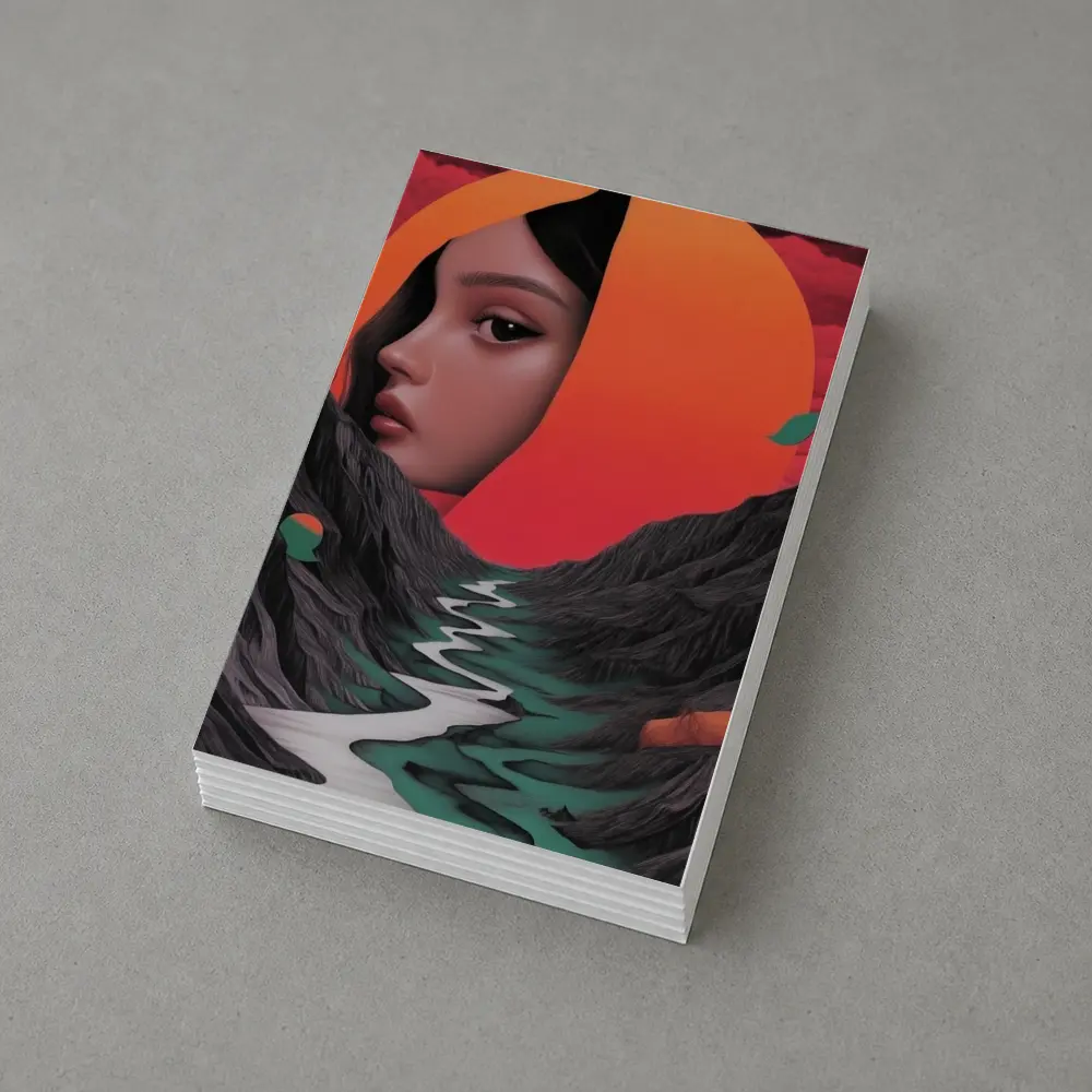 Woman Face Surreal Mountain River Sunset Art – Postcards