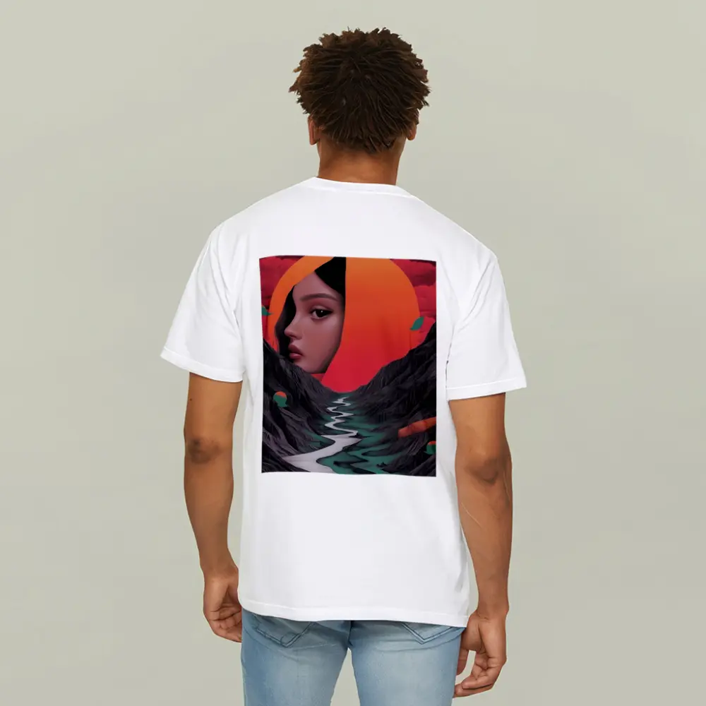 Woman Face Surreal Mountain River Sunset Art – T-Shirts