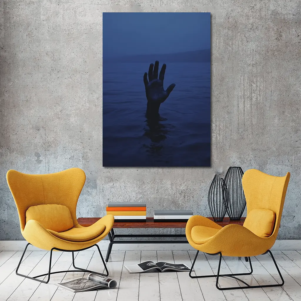 Hand Reaching From Dark Blue Ocean Water – Wall Art