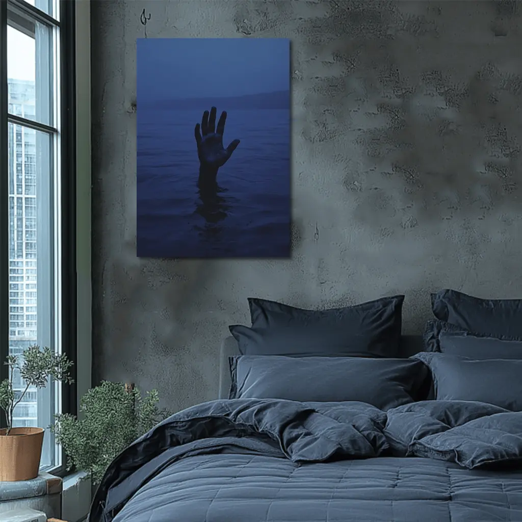 Hand Reaching From Dark Blue Ocean Water – Wall Art