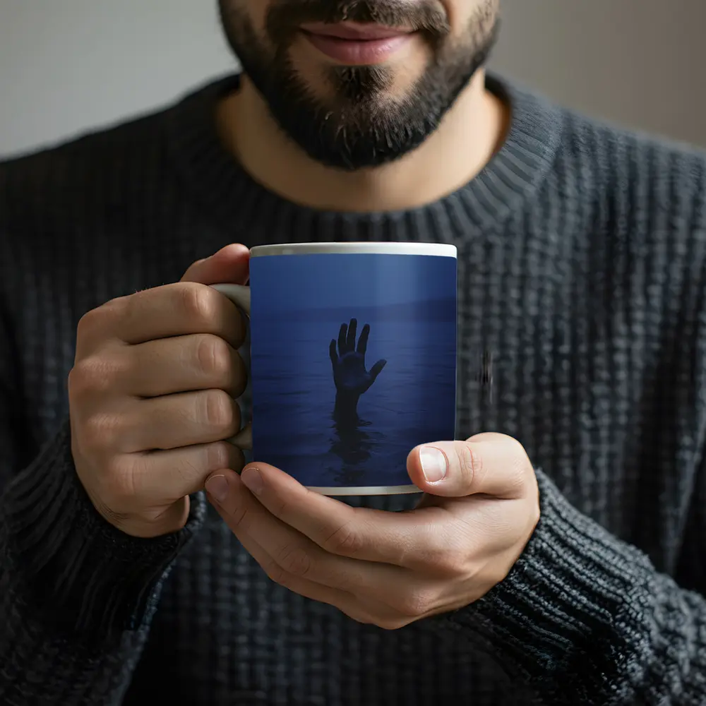 Hand Reaching From Dark Blue Ocean Water – Mugs