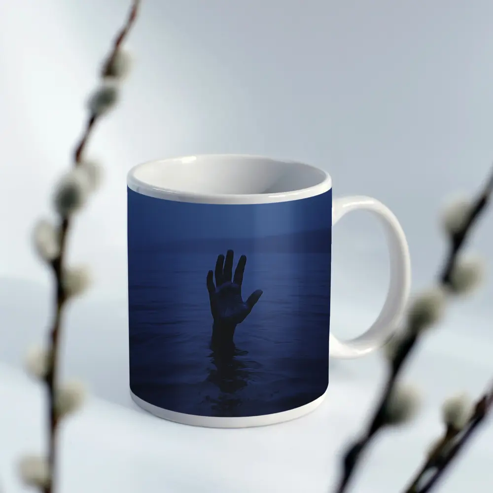 Hand Reaching From Dark Blue Ocean Water – Mugs