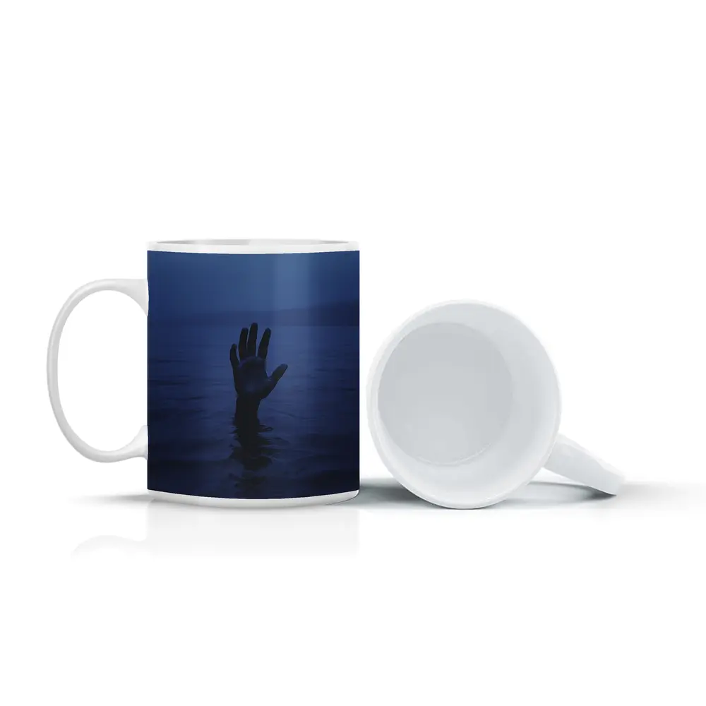 Hand Reaching From Dark Blue Ocean Water – Mugs