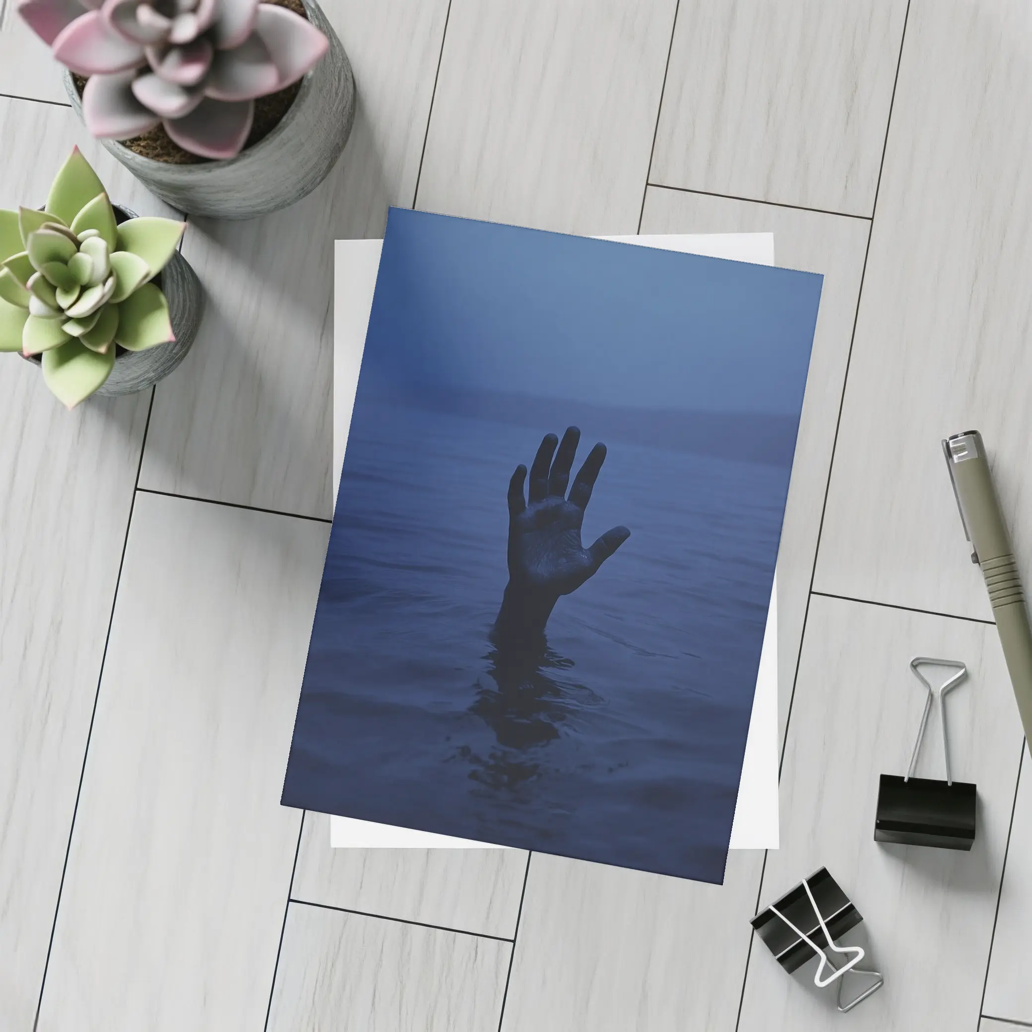 Hand Reaching From Dark Blue Ocean Water – Postcards