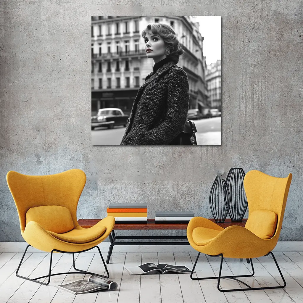 Elegant Woman Paris Street Black White – Wall Art