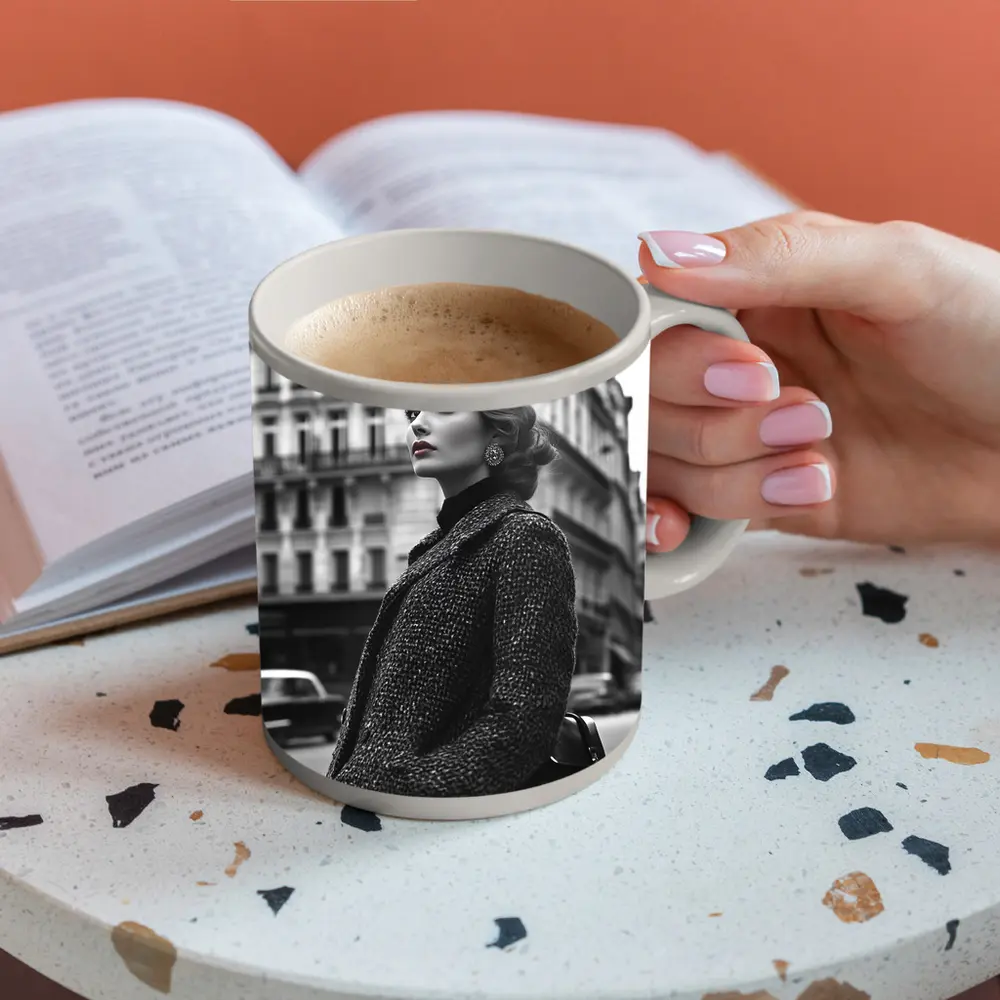 Elegant Woman Paris Street Black White – Mugs