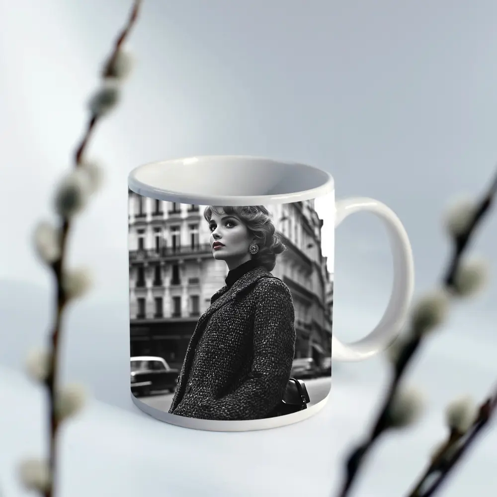 Elegant Woman Paris Street Black White – Mugs