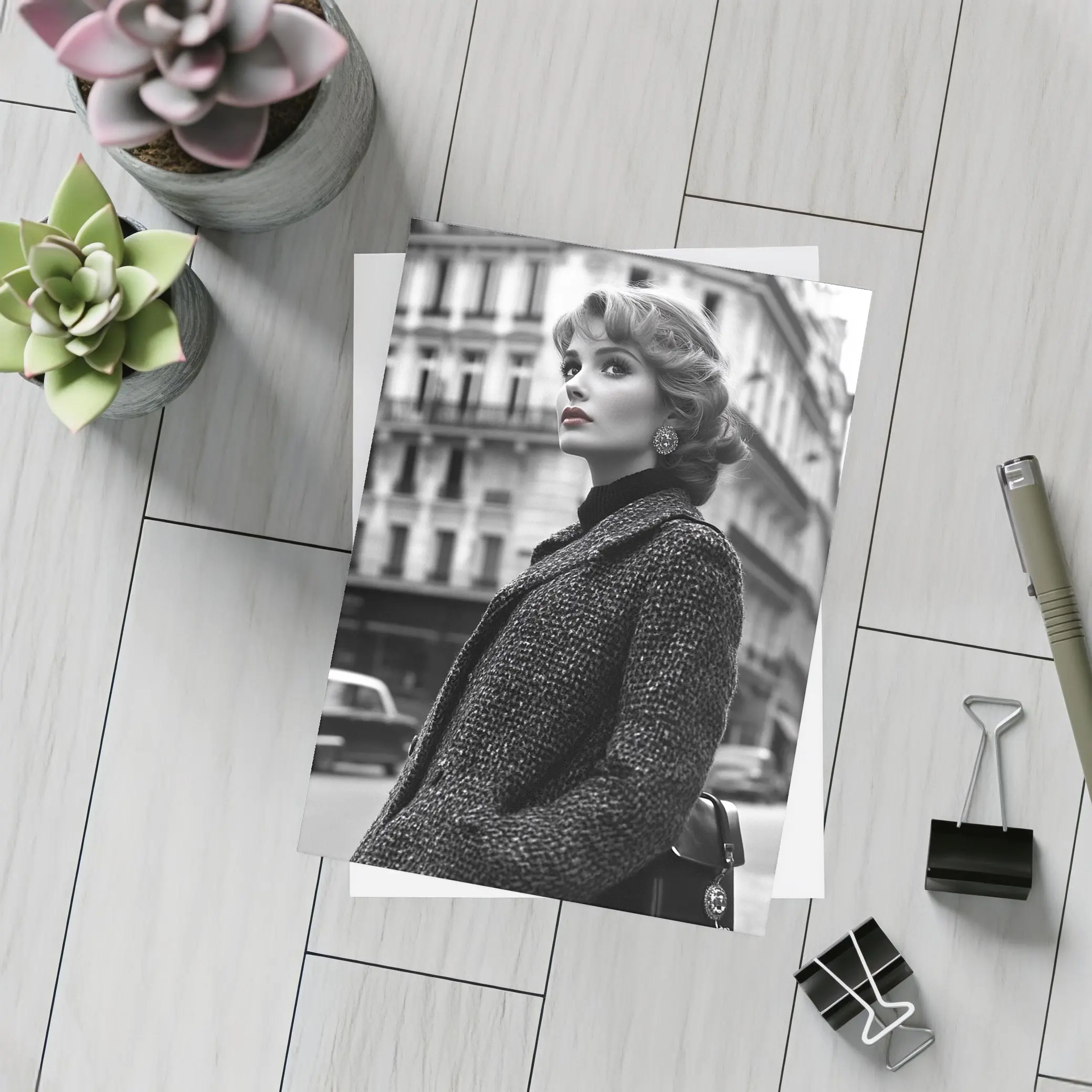 Elegant Woman Paris Street Black White – Postcards