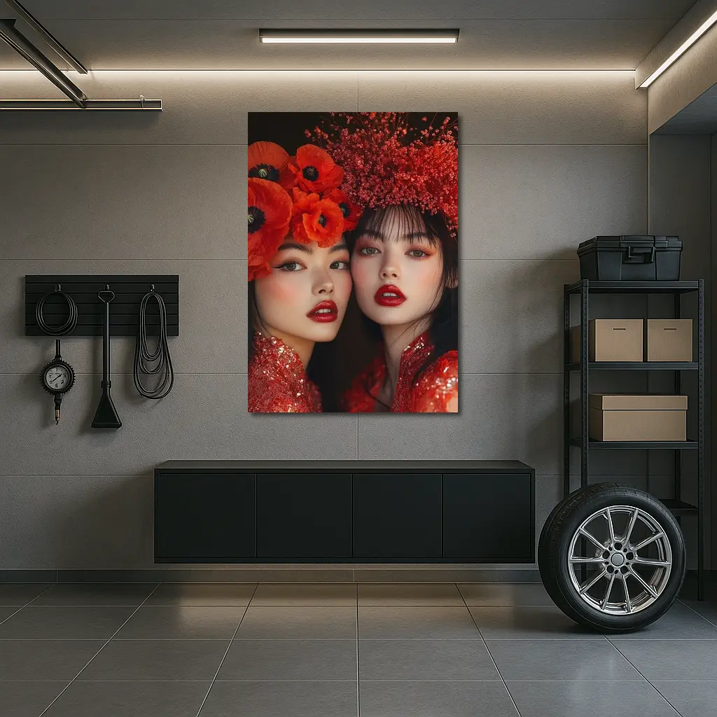 Two Women Red Poppies Floral Fashion Portrait – Wall Art
