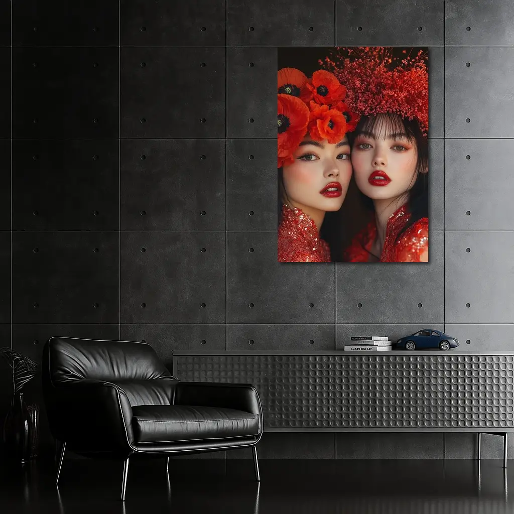 Two Women Red Poppies Floral Fashion Portrait – Wall Art