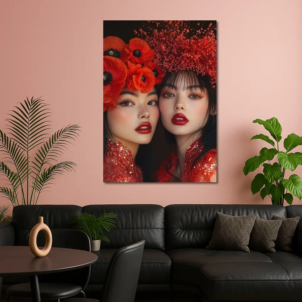 Two Women Red Poppies Floral Fashion Portrait – Wall Art