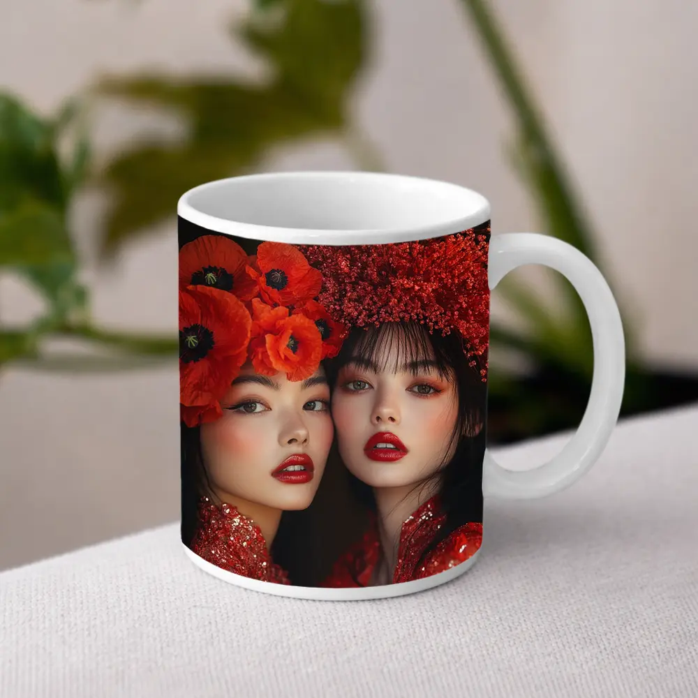Two Women Red Poppies Floral Fashion Portrait – Mugs