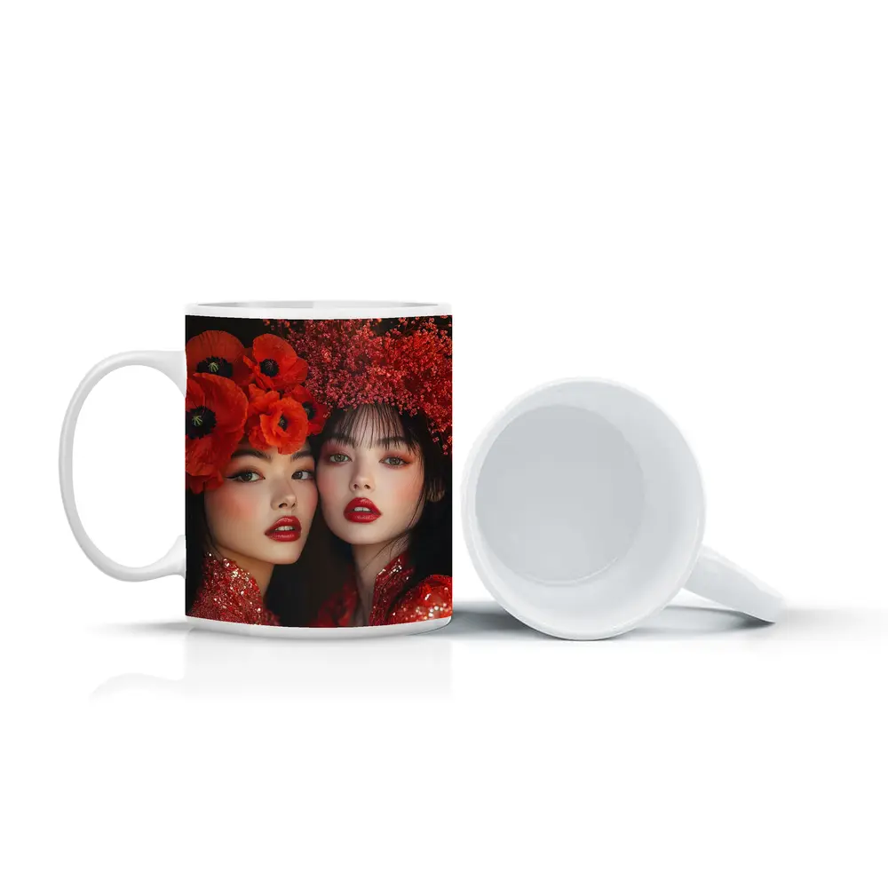 Two Women Red Poppies Floral Fashion Portrait – Mugs