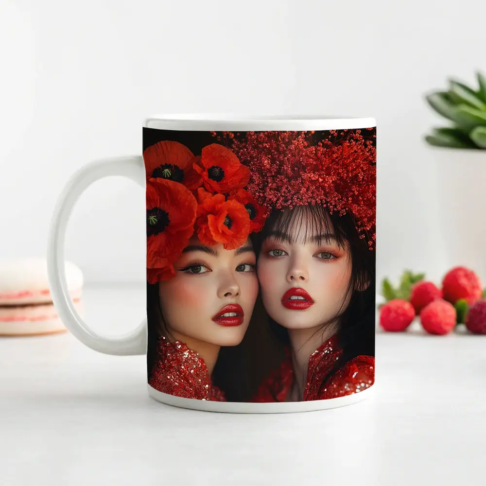 Two Women Red Poppies Floral Fashion Portrait – Mugs