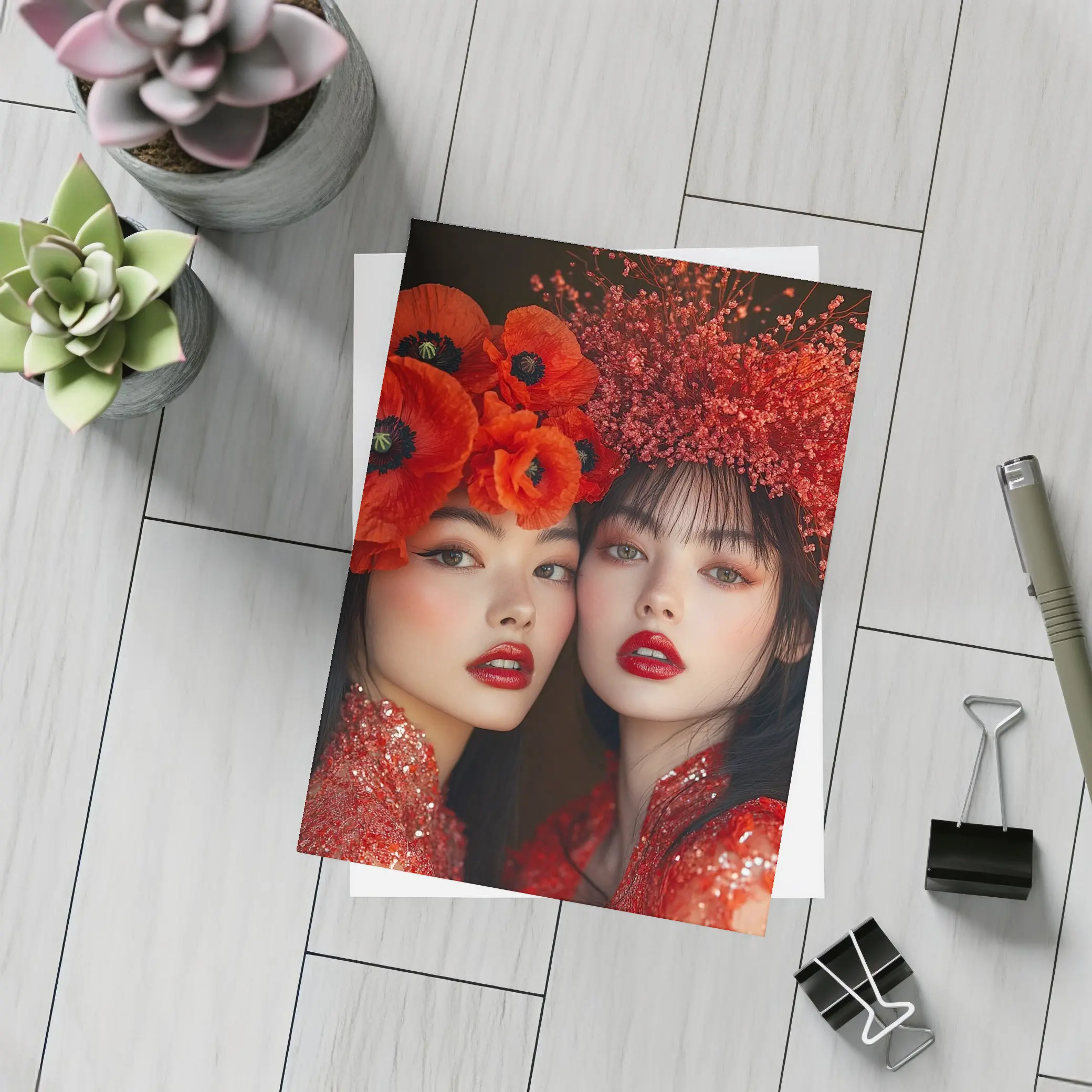 Two Women Red Poppies Floral Fashion Portrait – Postcards
