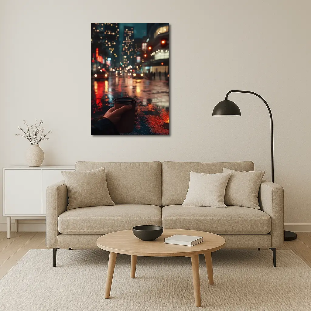 Hand Holding Coffee Cup Rainy City Night – Wall Art