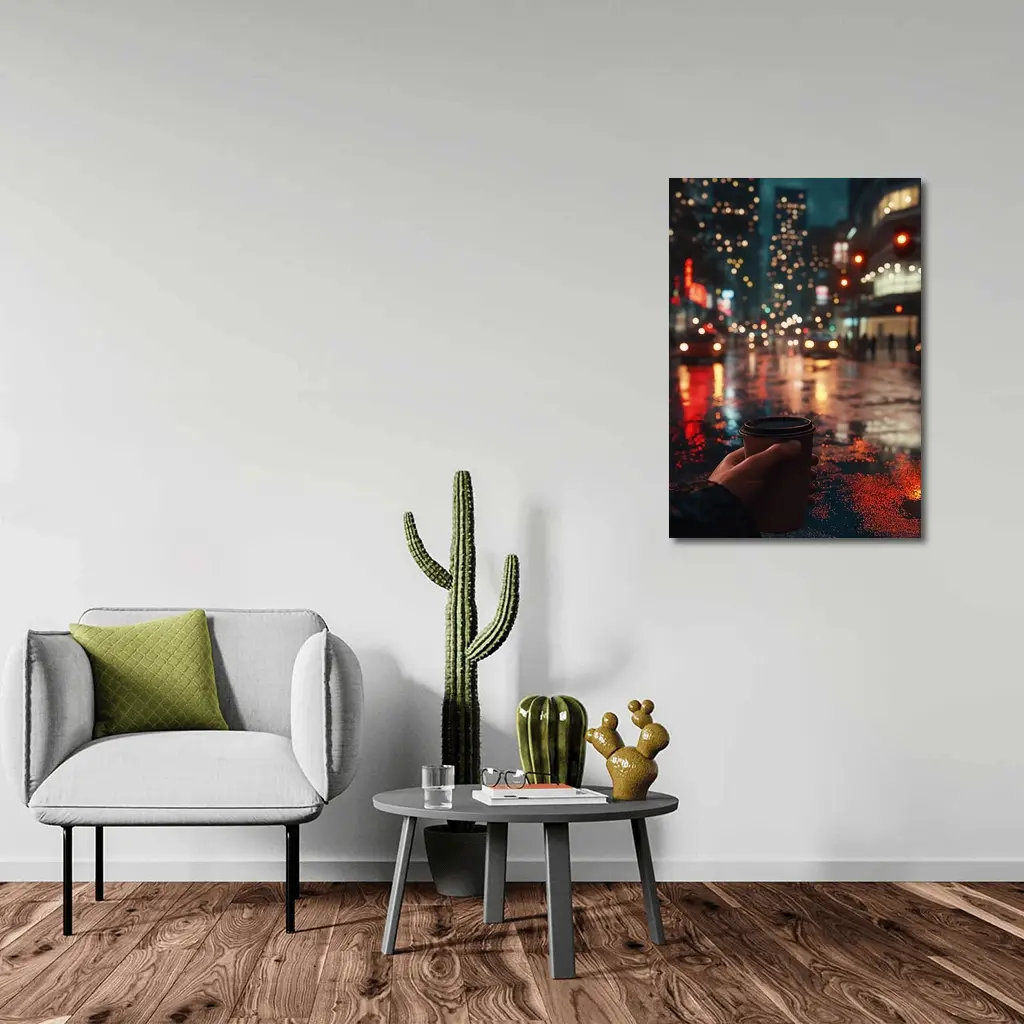 Hand Holding Coffee Cup Rainy City Night – Wall Art