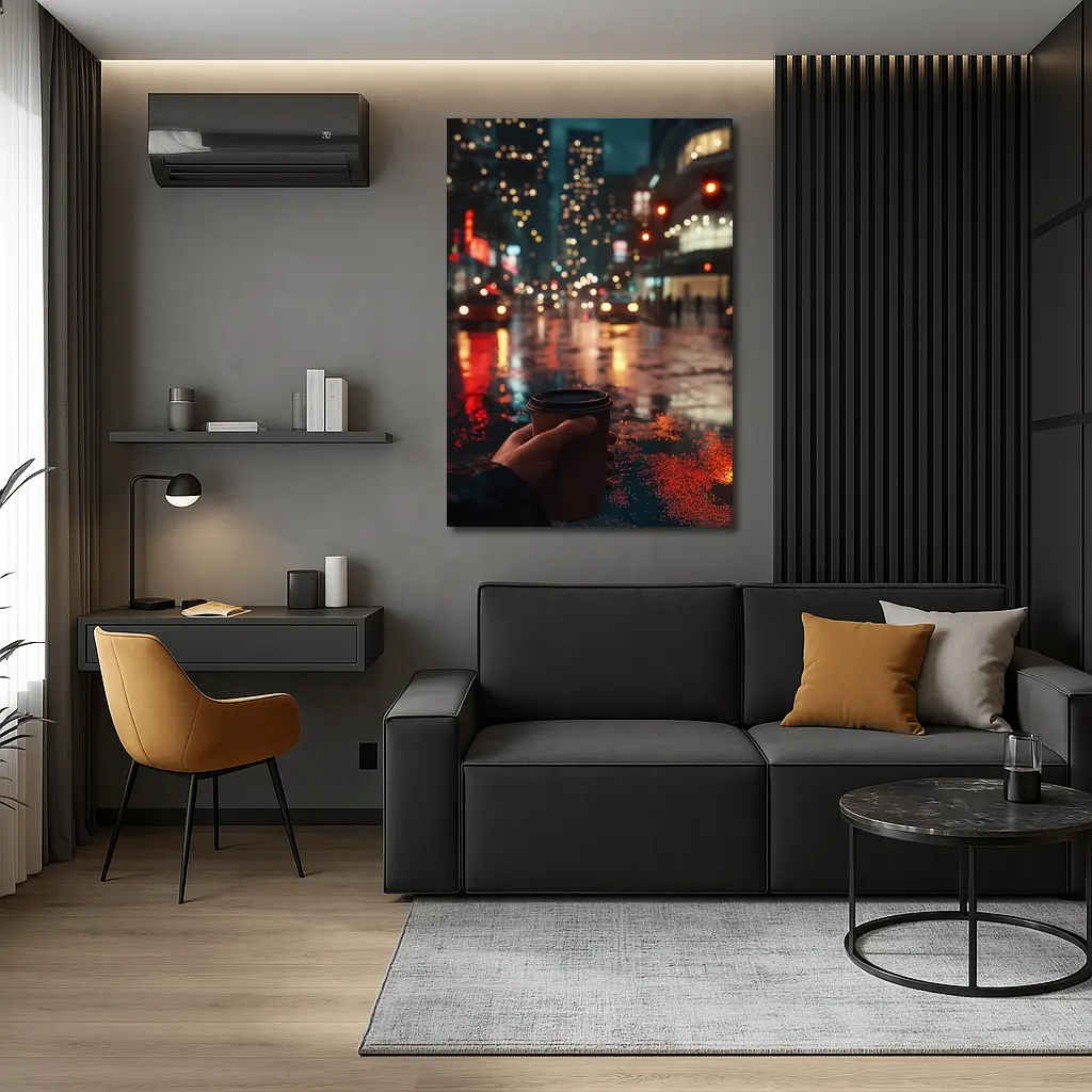 Hand Holding Coffee Cup Rainy City Night – Wall Art