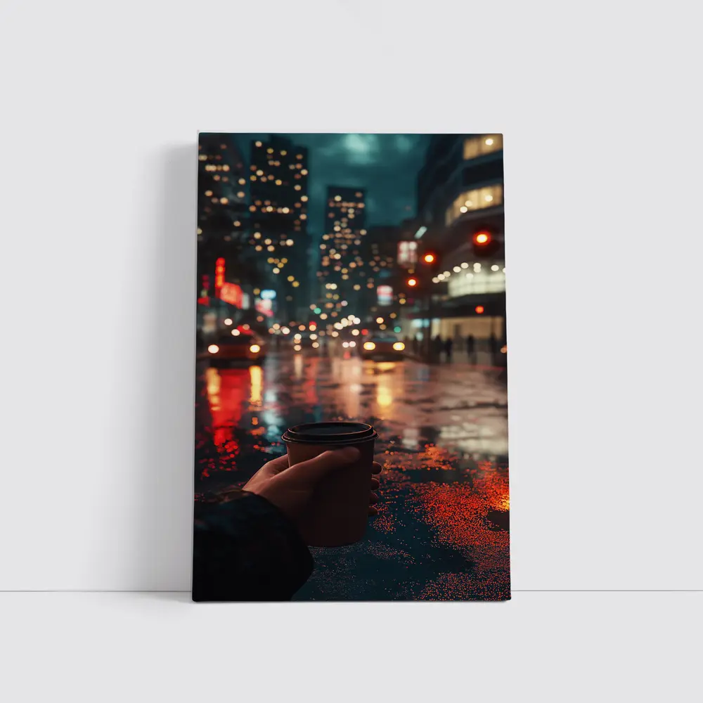 Hand Holding Coffee Cup Rainy City Night – Wall Art