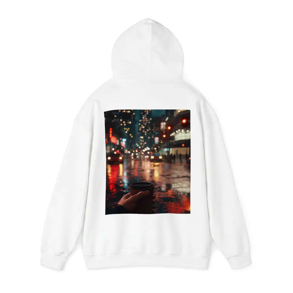 Hand Holding Coffee Cup Rainy City Night – Hoodies