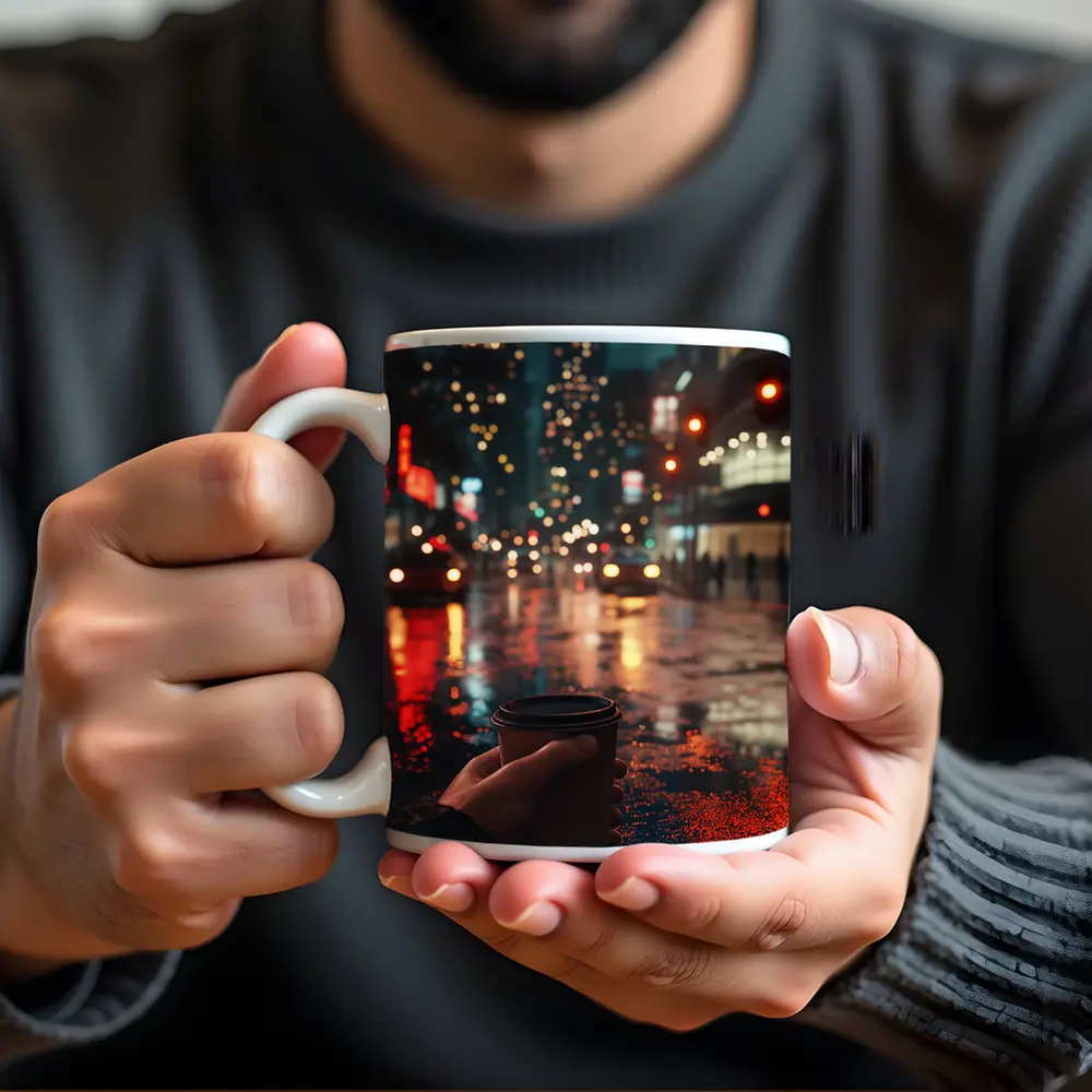 Hand Holding Coffee Cup Rainy City Night – Mugs