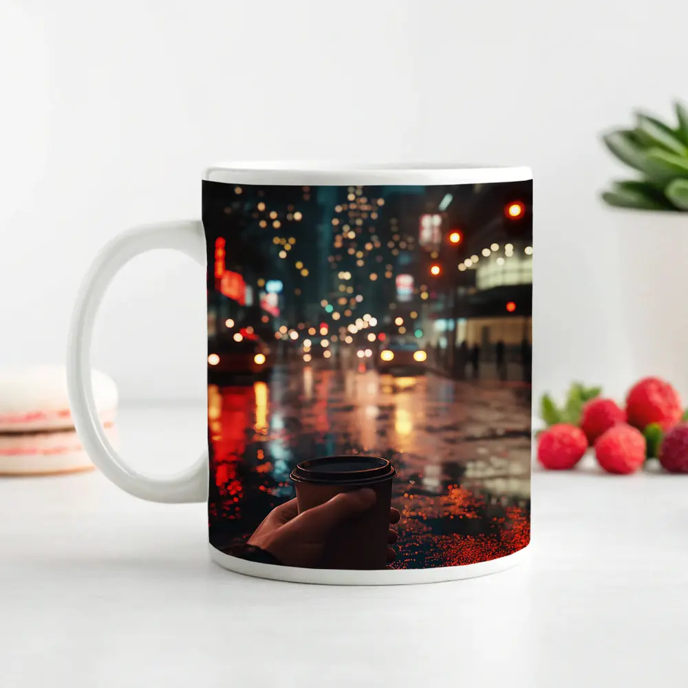 Hand Holding Coffee Cup Rainy City Night – Mugs