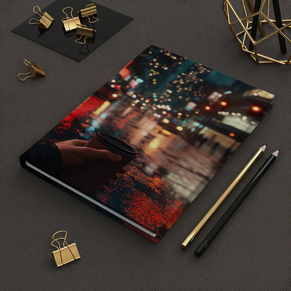 Hand Holding Coffee Cup Rainy City Night – Notebooks