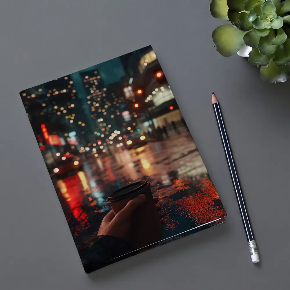 Hand Holding Coffee Cup Rainy City Night – Notebooks