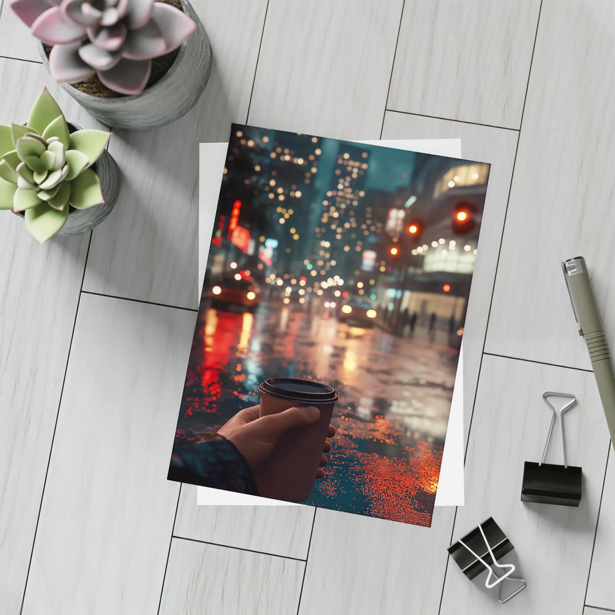 Hand Holding Coffee Cup Rainy City Night – Postcards