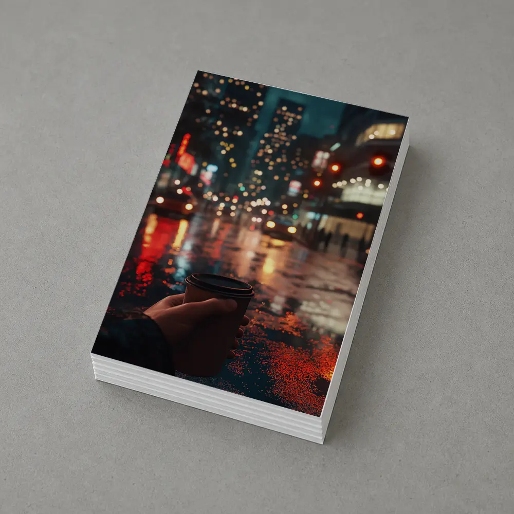 Hand Holding Coffee Cup Rainy City Night – Postcards