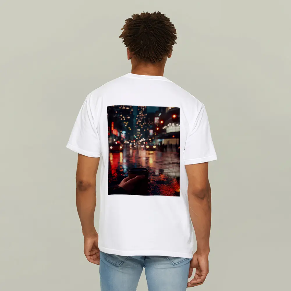 Hand Holding Coffee Cup Rainy City Night – T-Shirts
