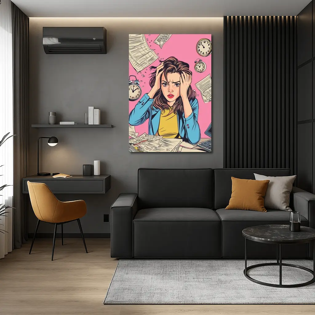 Stressed Woman Pop Art Pink Background – Wall Art