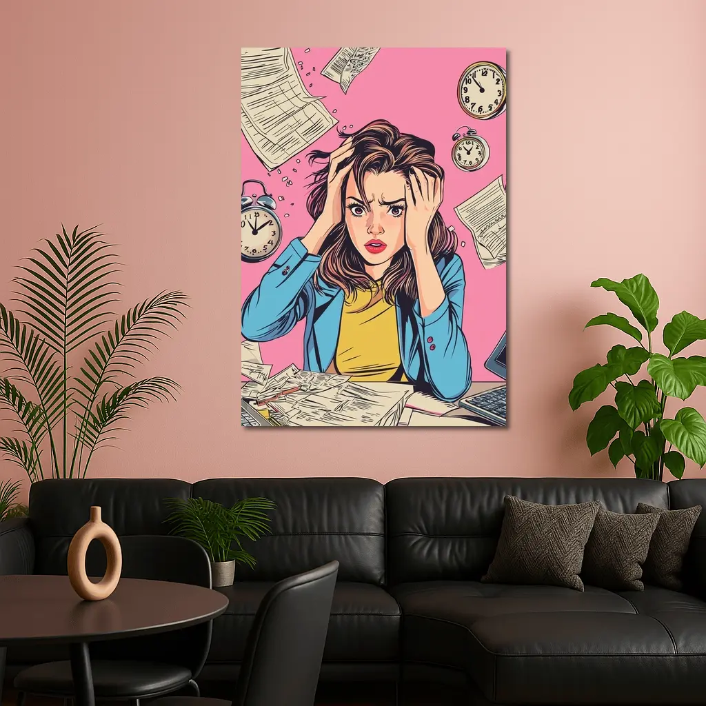 Stressed Woman Pop Art Pink Background – Wall Art