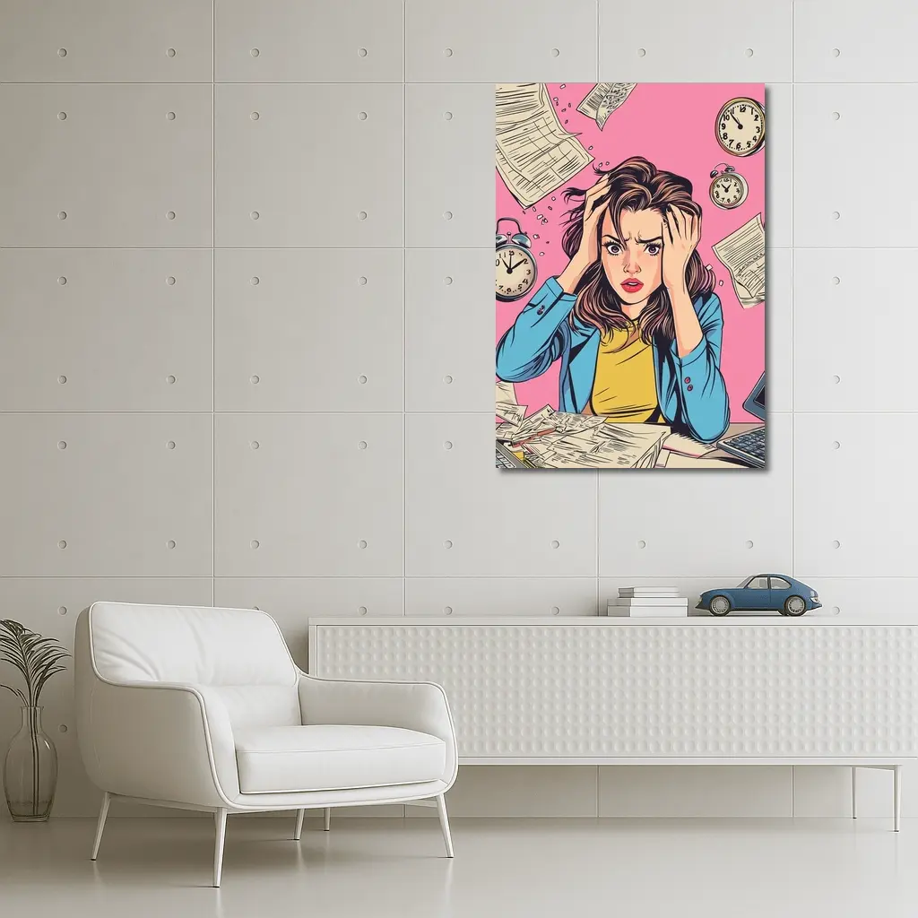 Stressed Woman Pop Art Pink Background – Wall Art