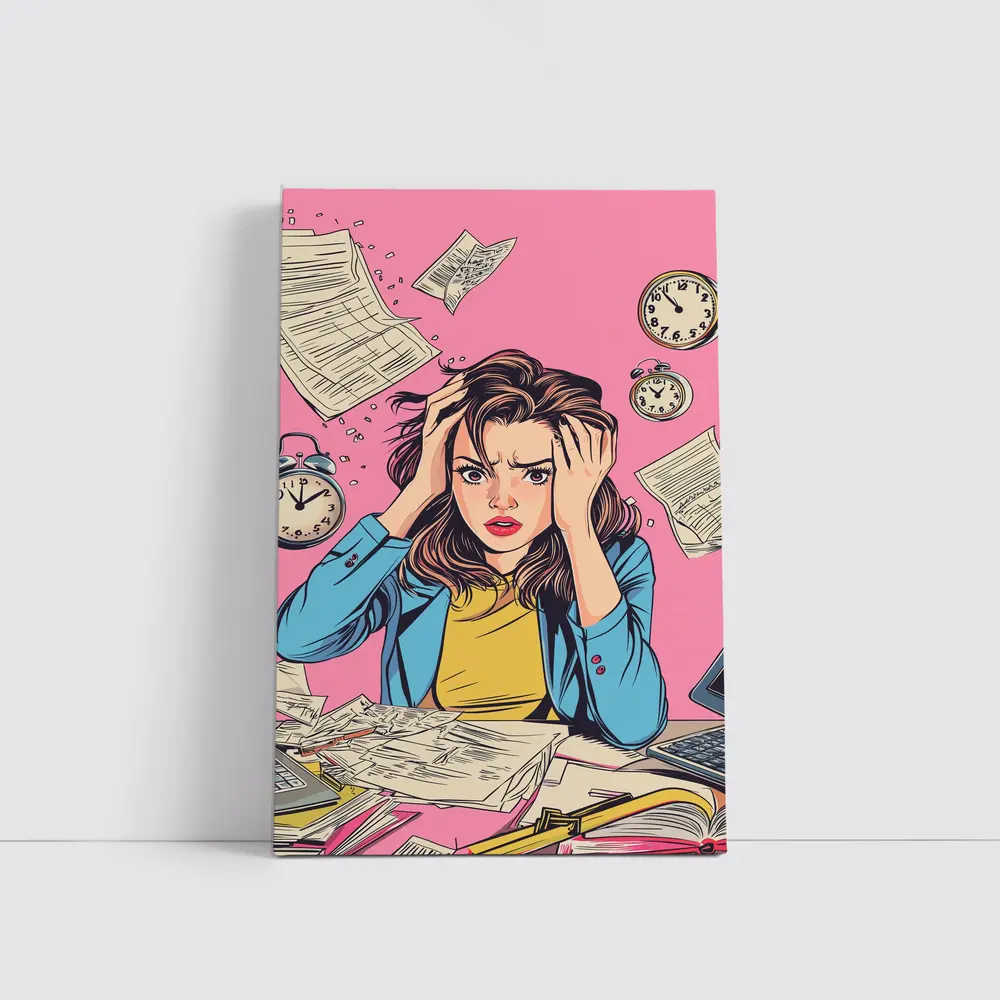 Stressed Woman Pop Art Pink Background – Wall Art