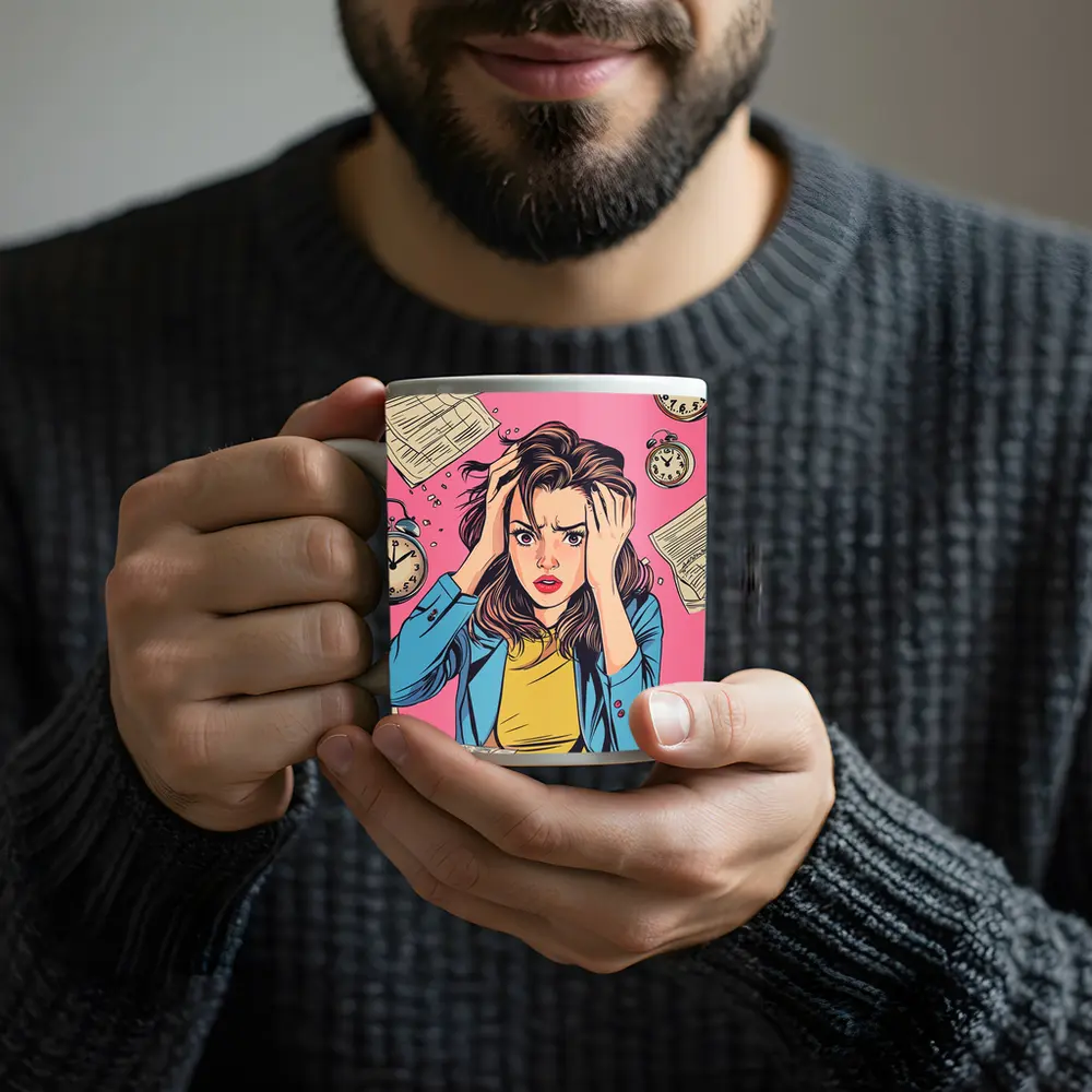 Stressed Woman Pop Art Pink Background – Mugs