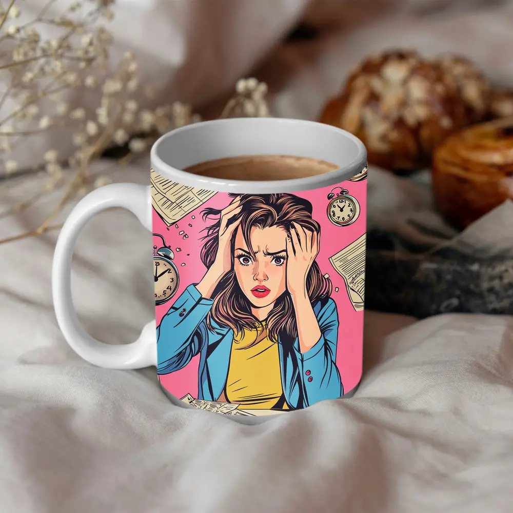 Stressed Woman Pop Art Pink Background – Mugs