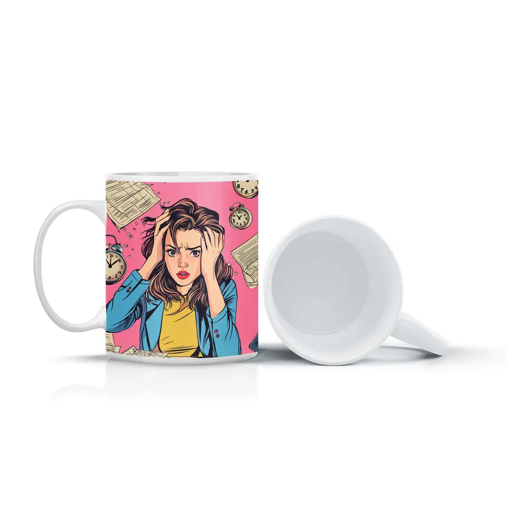 Stressed Woman Pop Art Pink Background – Mugs