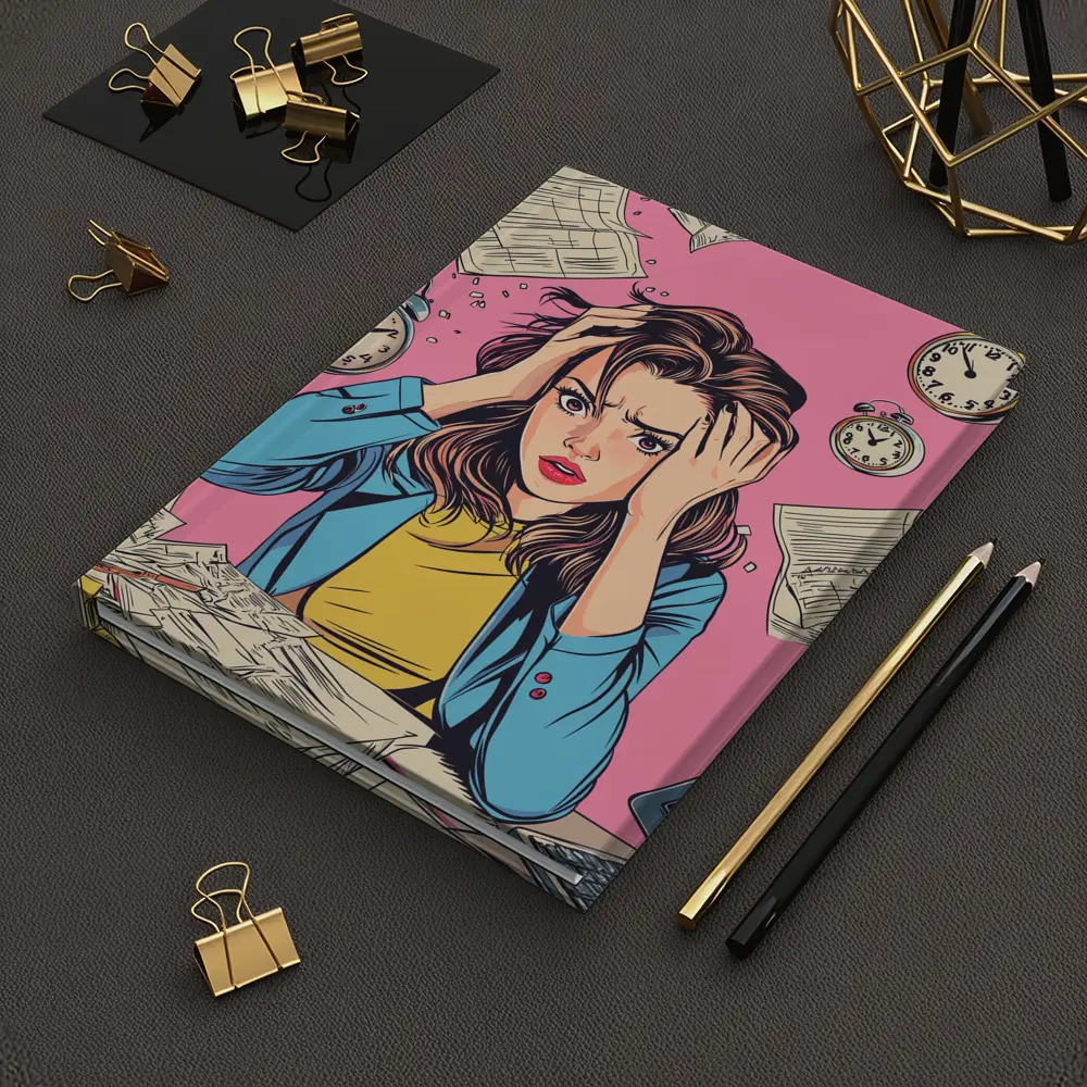 Stressed Woman Pop Art Pink Background – Notebooks