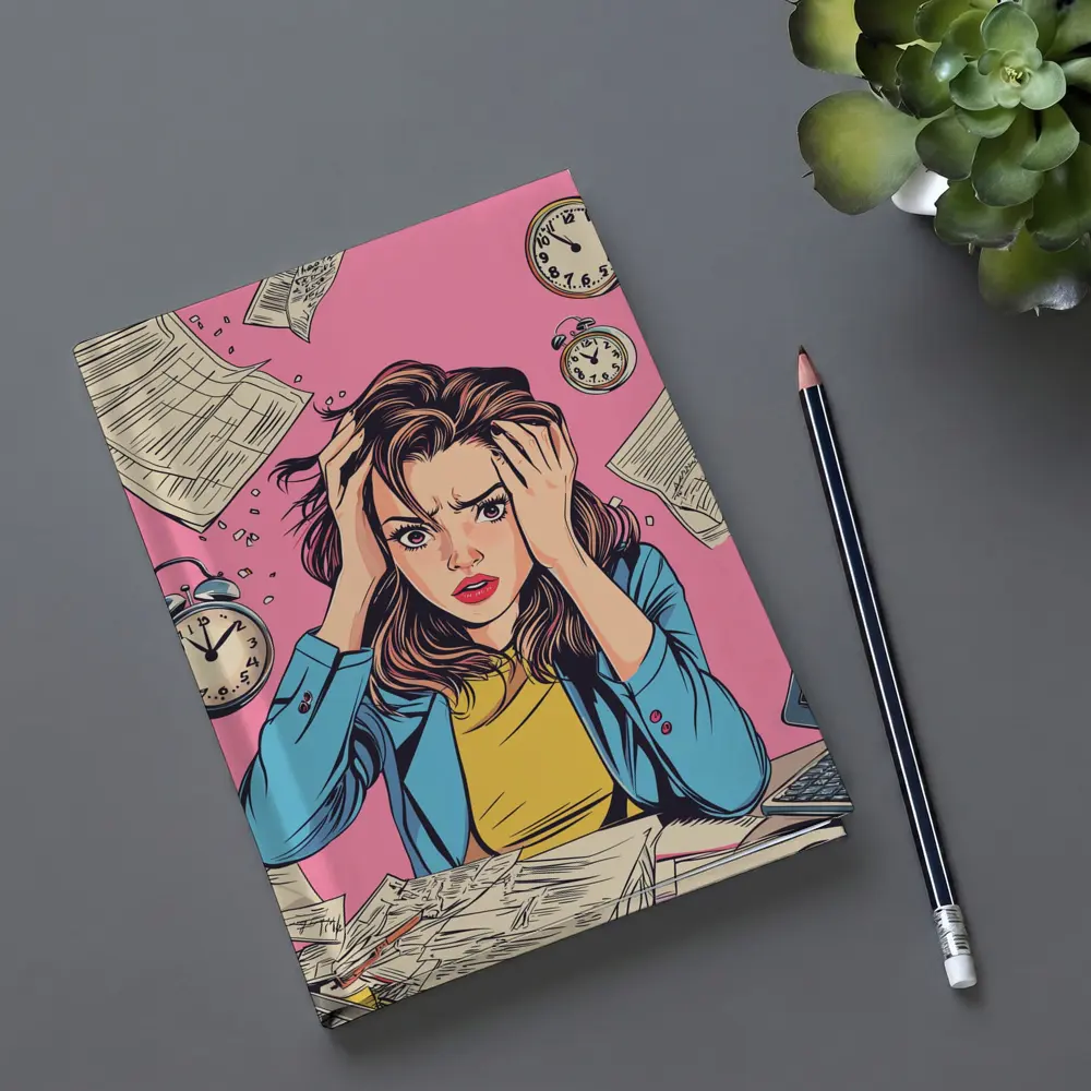 Stressed Woman Pop Art Pink Background – Notebooks