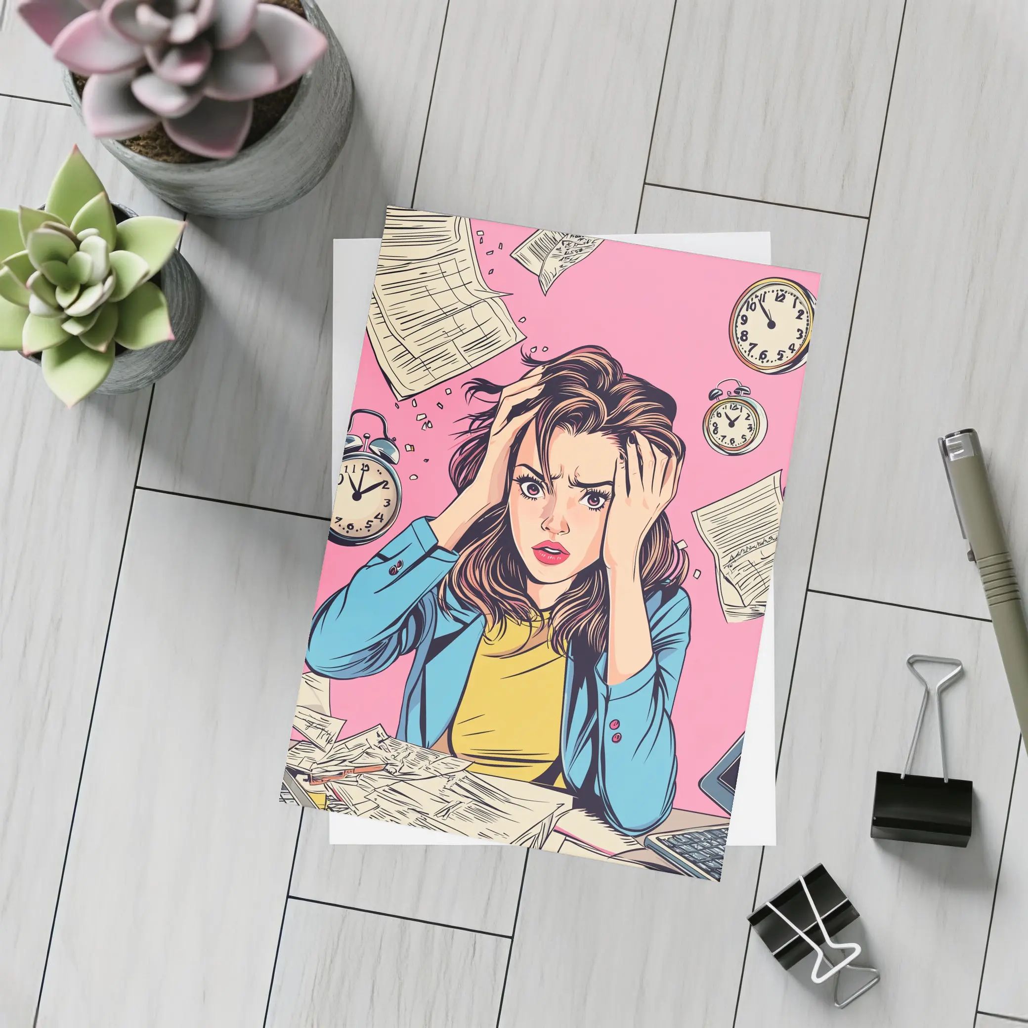 Stressed Woman Pop Art Pink Background – Postcards