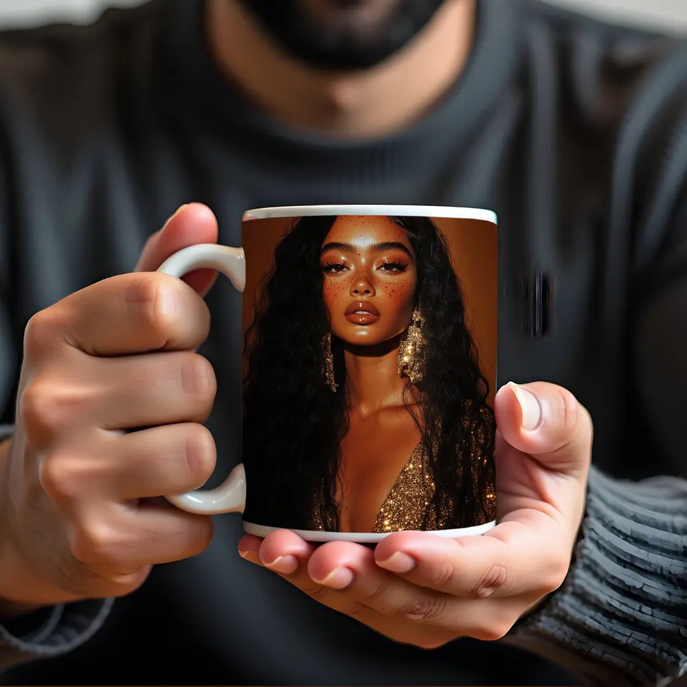 Glam Woman Gold Sequin Warm Brown Background – Mugs