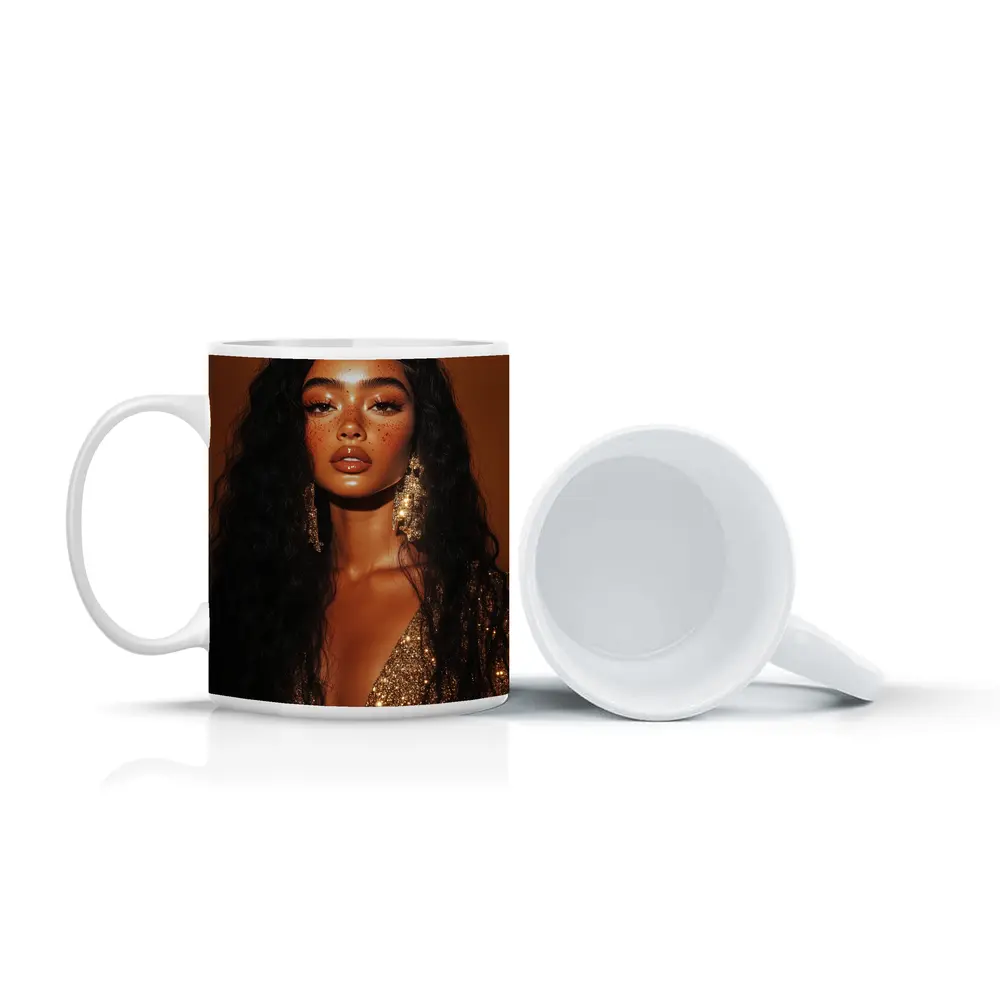 Glam Woman Gold Sequin Warm Brown Background – Mugs