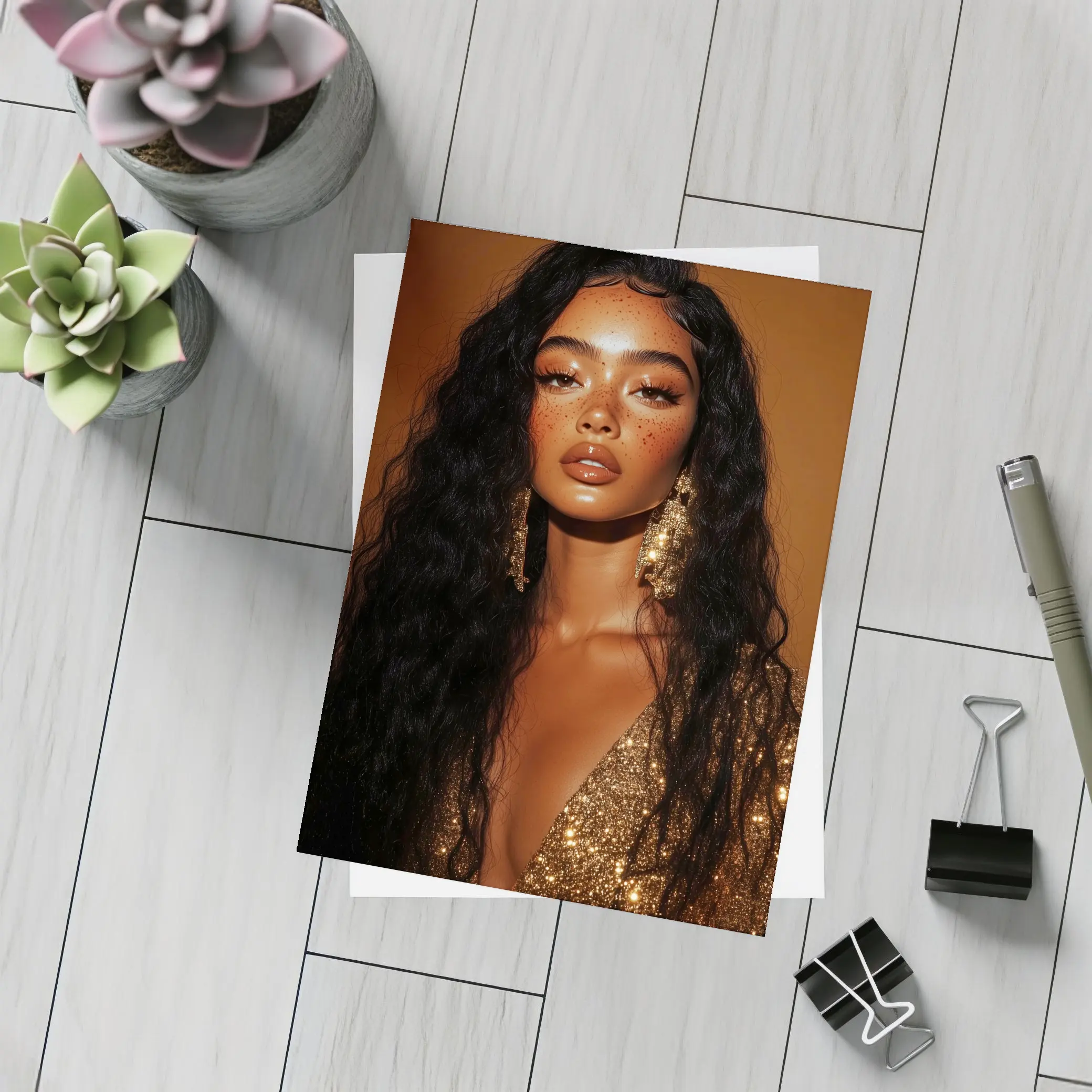 Glam Woman Gold Sequin Warm Brown Background – Postcards