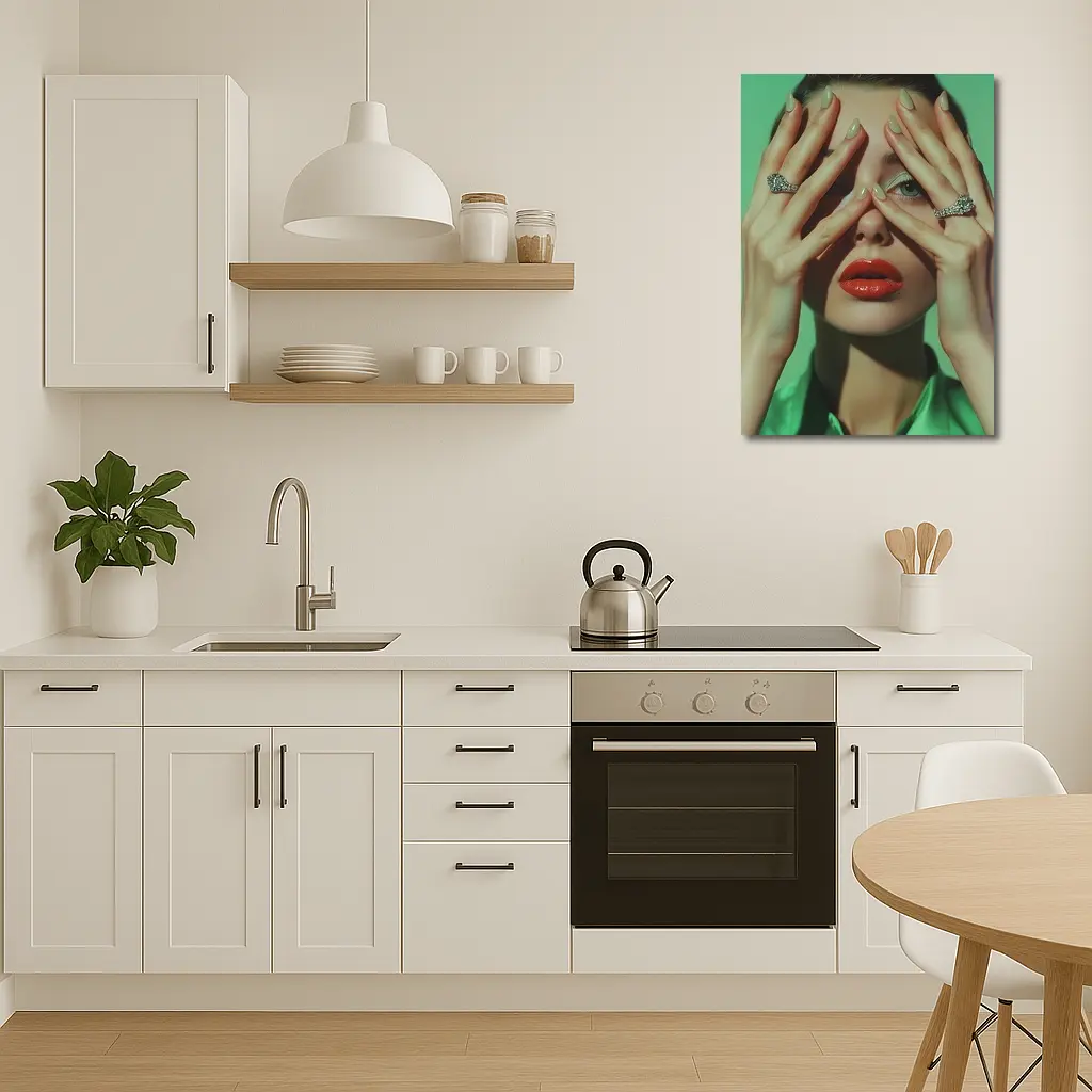 Woman Red Lips Diamond Rings Green Background – Wall Art