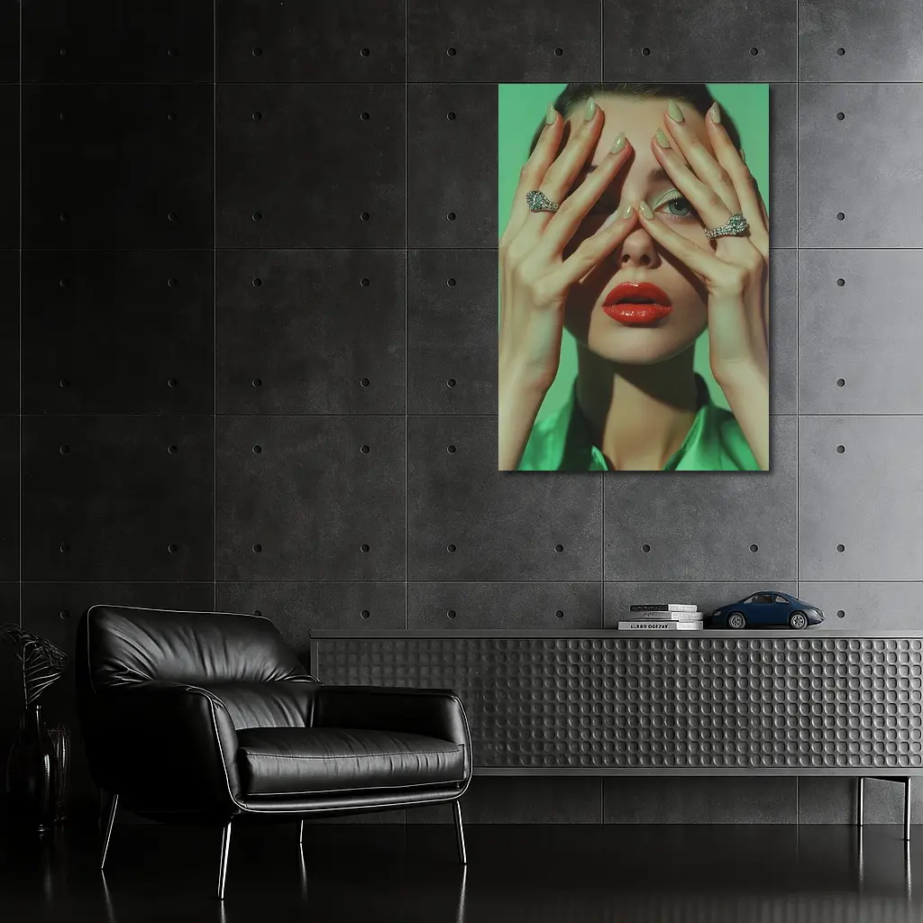 Woman Red Lips Diamond Rings Green Background – Wall Art