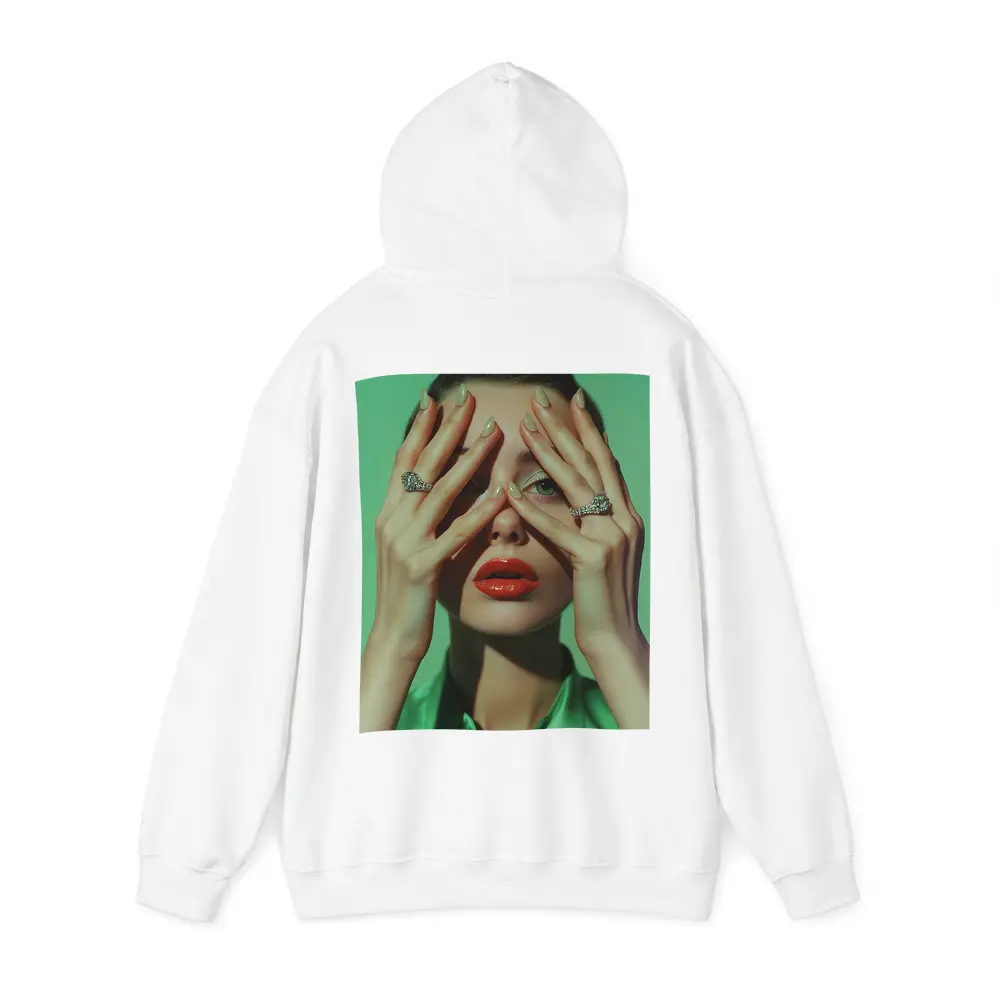 Woman Red Lips Diamond Rings Green Background – Hoodies