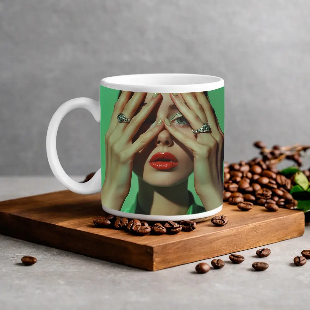 Woman Red Lips Diamond Rings Green Background – Mugs