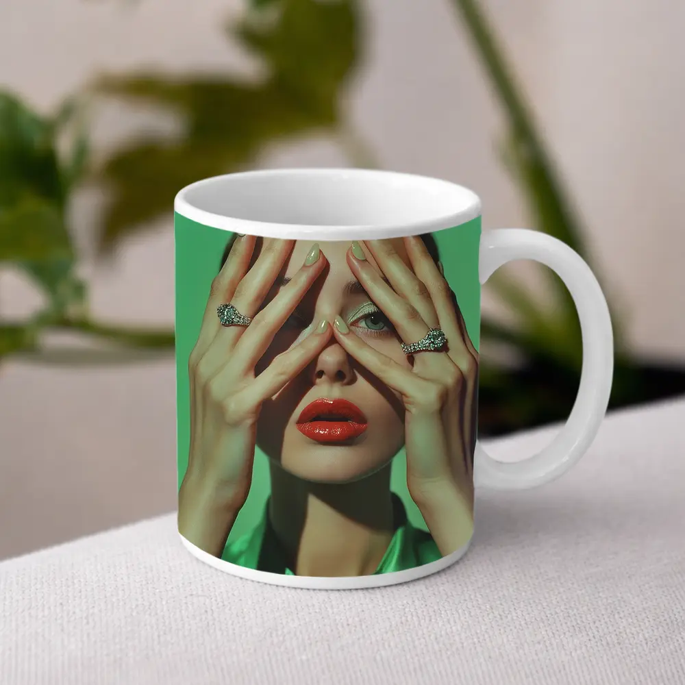 Woman Red Lips Diamond Rings Green Background – Mugs