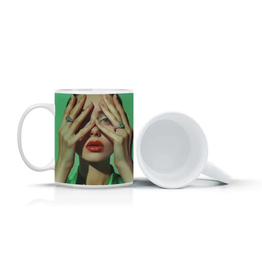 Woman Red Lips Diamond Rings Green Background – Mugs
